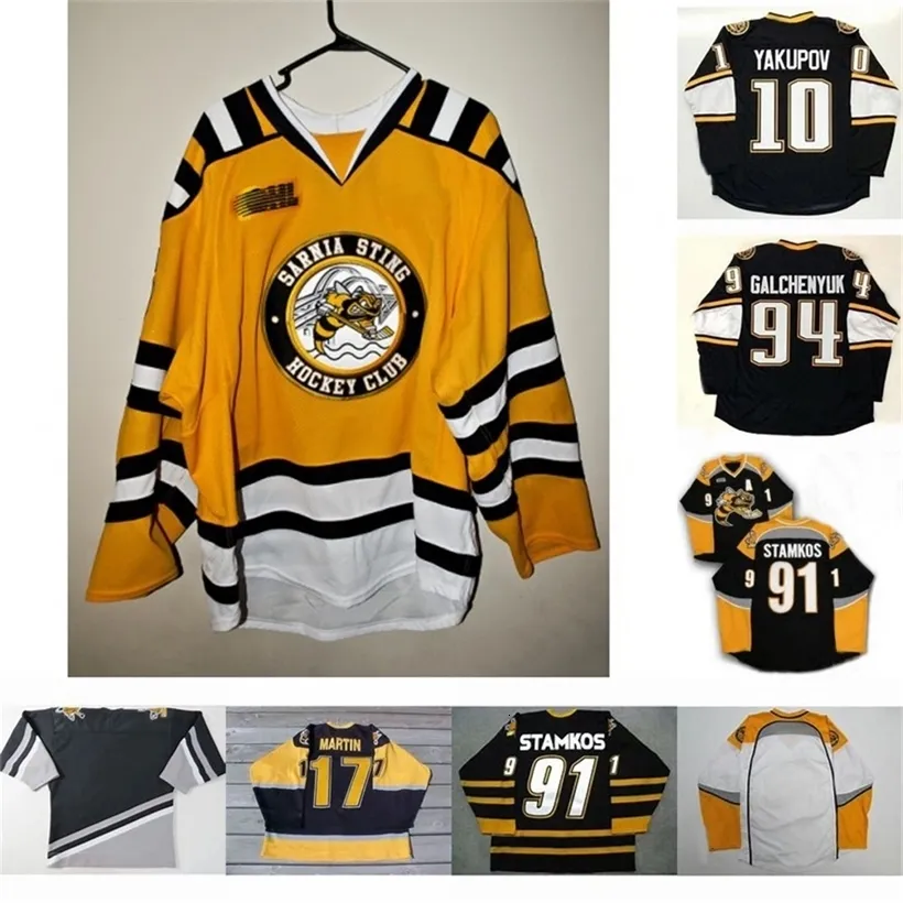 CeoMit Sarnia Sting 10 Наиль Якупов 91 Стивен Стэмкос 94 Алексей Гальченюк 17 Martin Mens Womens Youth cusotm любое имя любой номер Хоккейная майка