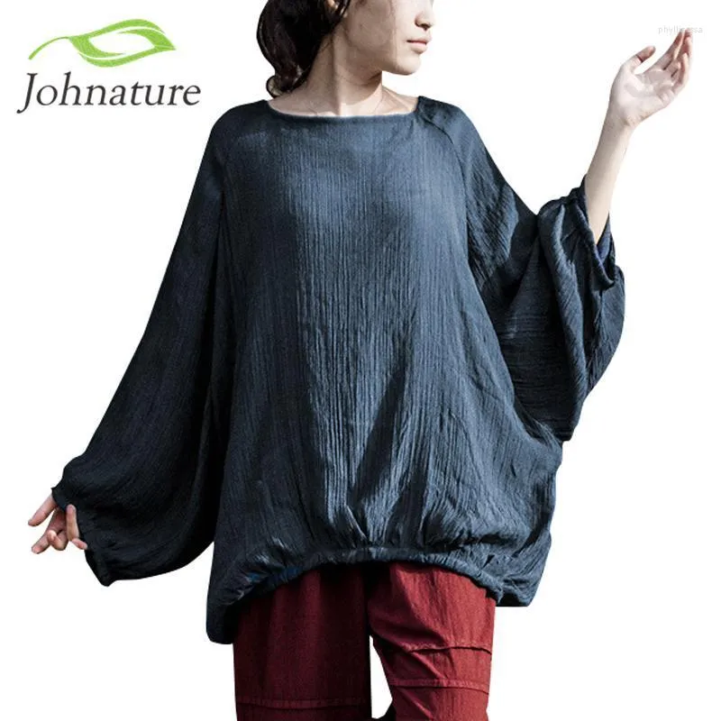 Camiseta de mujer Johnature, camisetas de manga farol para mujer, informal, primavera 2022, azul suelto, talla única, cuello redondo, camisetas de moda Vintage originales para mujer