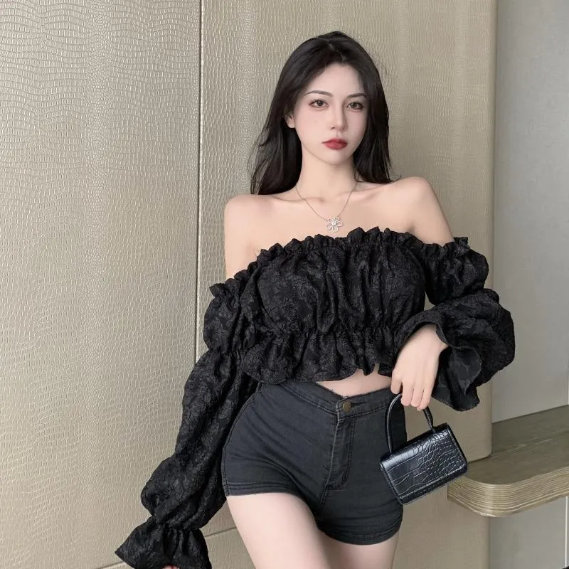 Kvinnors Blusar Sexig Retro Slash Neck Off The Shoulder Black Bluse Kvinnor Korta Blusa Feminina Jacquard Flare Sleeve Chiffon White