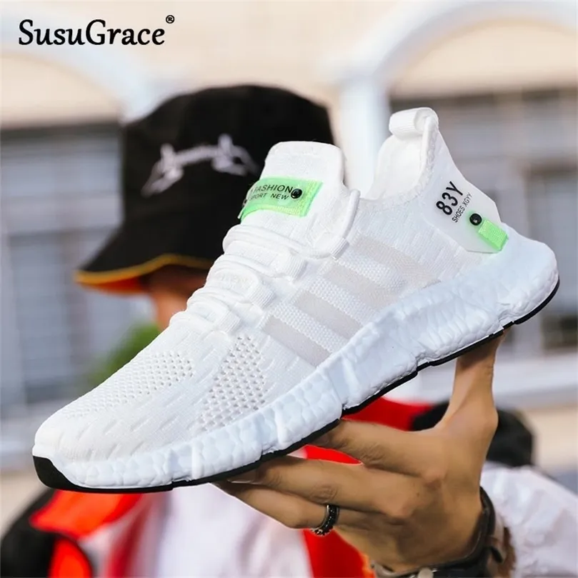 Susugrace Casual Men White Shoes Tennis Summer Mesh Laceup Footwear Breattable Size Stripe Fashion Super Light 220810