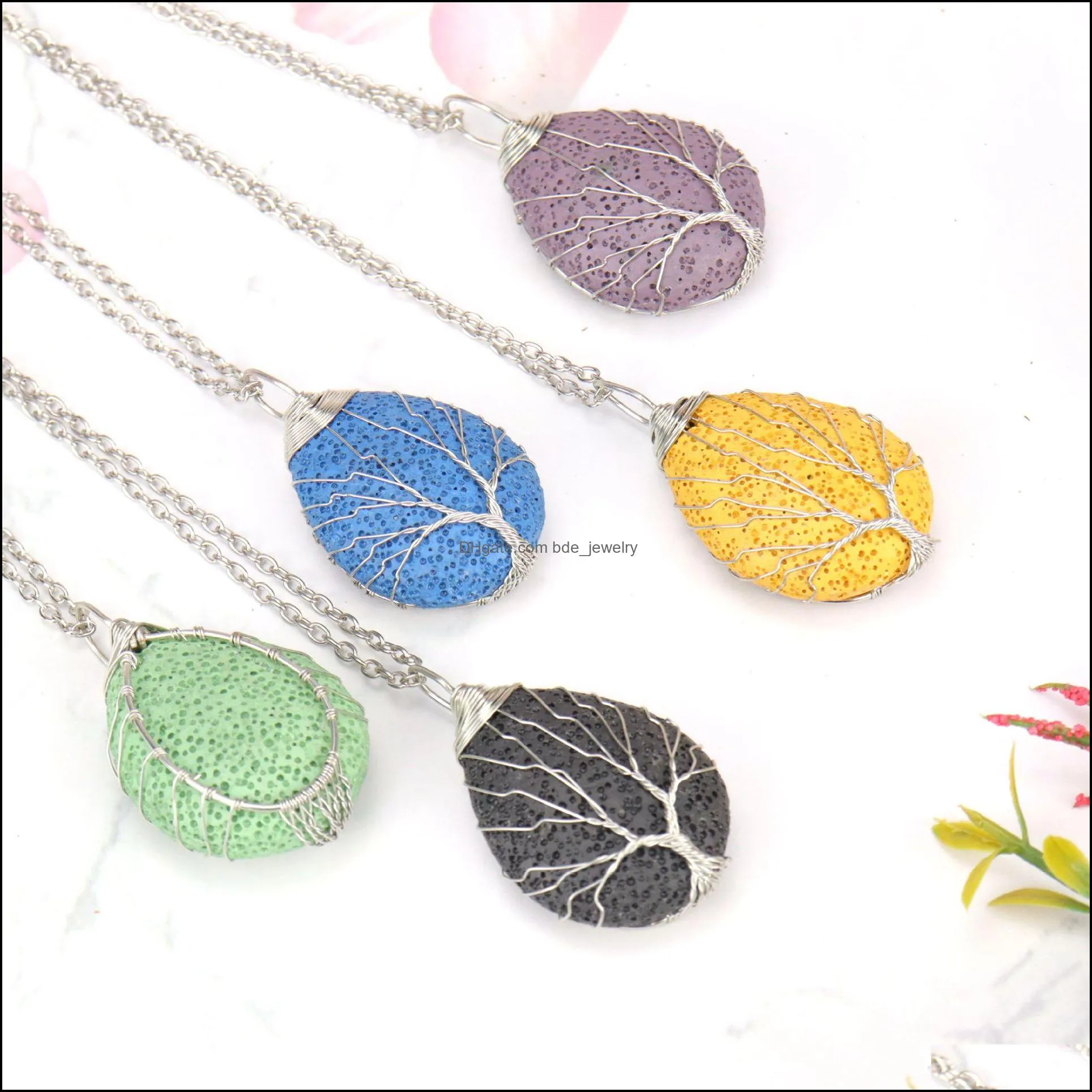 handmade twine tree of life colorful lava stone pendant necklace diy arom  oil diffuser necklaces for women men jewelry