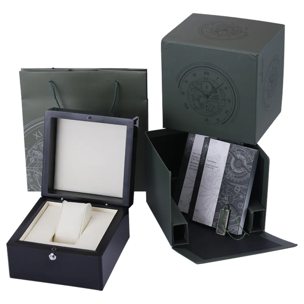 Black Watch Box Watche Boxes Quality Gift Woody Case Watches Booklet Green Card Taggar och papper
