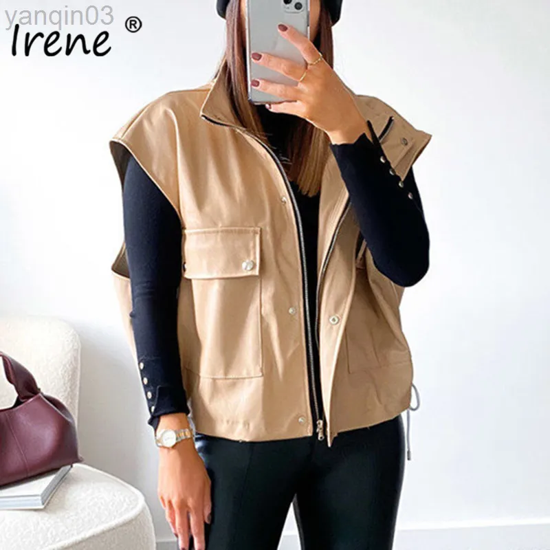 Irene Sans Manches Faux Cuir Vestes Femmes Automne Hiver Mode Poches Zipper PU Gilet Manteau Vestes Streetwear L220801