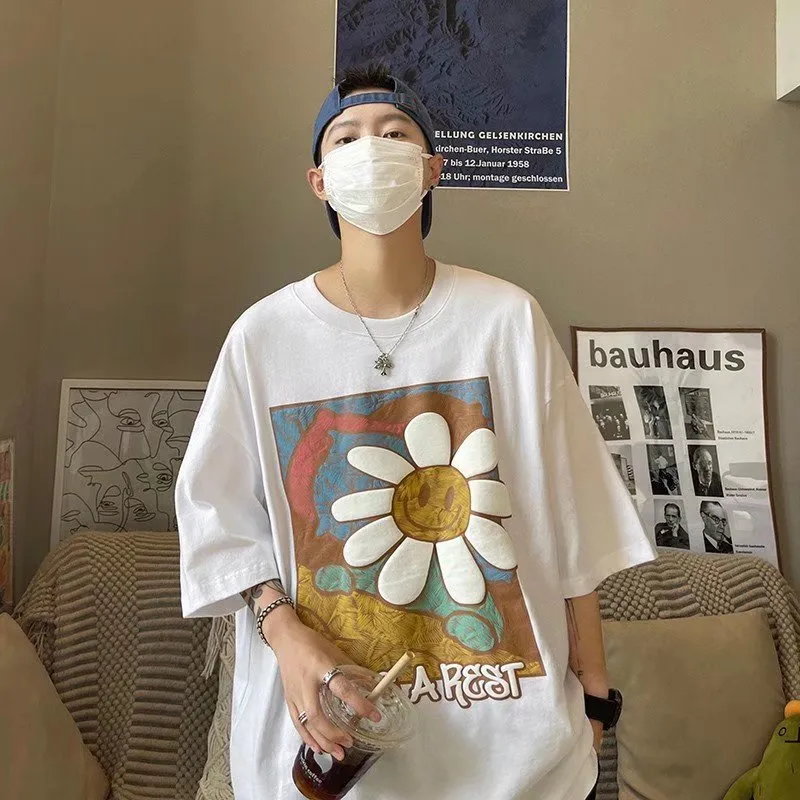 Harajuku Zonnebloem Print Mannen Oversized T-shirt 2022 Zomer Korte Mouw T-shirt Cartoon Grappig Paar Mannen Vrouwen Katoenen Tops 0615