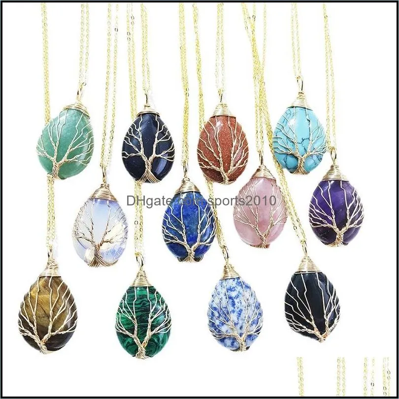 Arts And Crafts Stone Crystal Waterdrop Charms Necklaces Copper Twine Tree Of Life Wire Wrap Pendant Amethyst Tiger Eye Ros Sports2010 Dhxxo