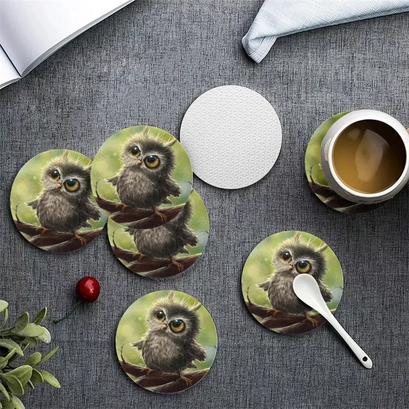 Upetstory Kawaii Animal Hibou Impression Tasse Tasse ers pour Boisson Personnalisée Ronde Cuisine Vaisselle Pad Résistant À La Chaleur Napperon 6pcsset 220707