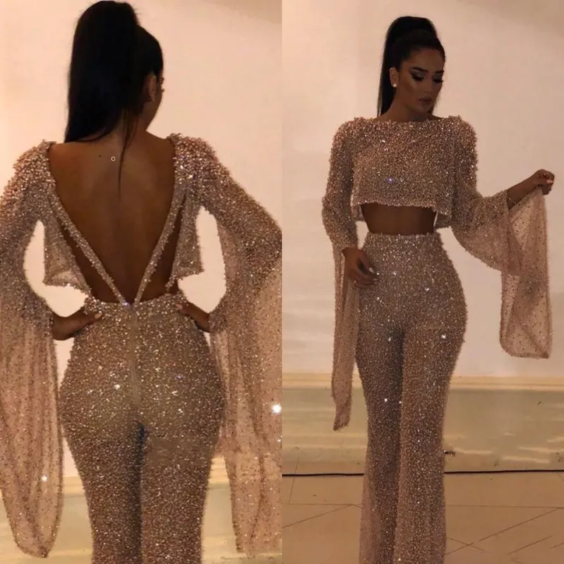 One pcs Hot Sell Sequin Two Pieces Prom Dresses Sheath Long Sleeves Plus Size Formal Dresses Party Evening Gowns Custom Made Pants Suits