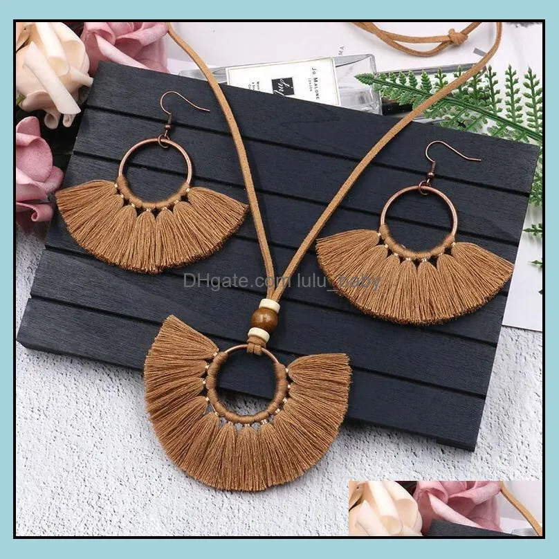 NEW Retro Tassel Earrings Necklace Set Handmade Multi Colors Bohemia Women Ethnic Circle Tassel Jewelry Set Epacket free