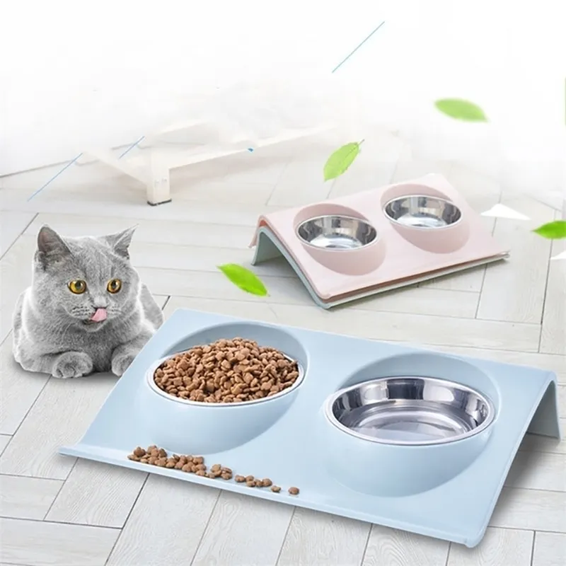 슬래지 크기 더블 개 그릇 강아지 고양이 애완 동물 수유 스테이션 스테인리스 스틸 식수 그릇 공급 고양이 고양이 S 210320