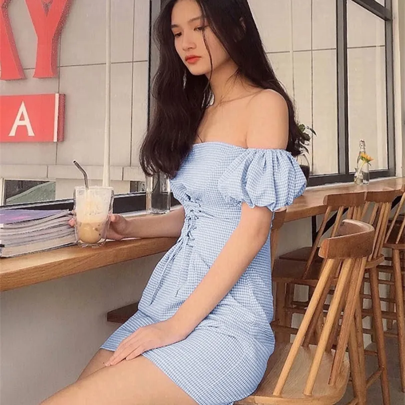 Blue White Plaid Backless Summer Dress Women High Waist Lace Up Off  Shoulder Bodycon Mini Dress from Dhgate Basic & Casual Dresses - price 37.69