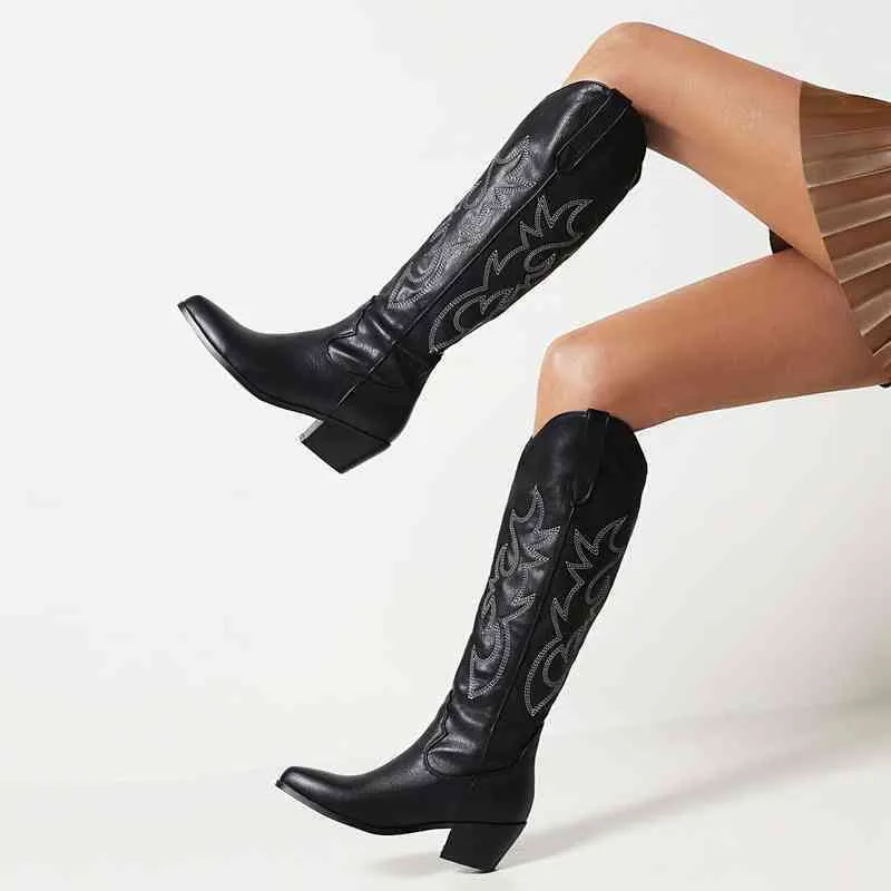 V Mouth Western Cowboy Boot's High Heels Pointed Knight Boots Thick Large Women's 40 45 0712