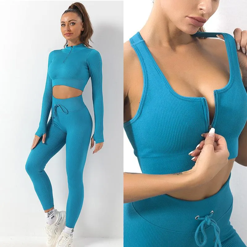 Yogaoutfit 2/3ST Sömlös Dam Set Gymkläder Fitness Långärmad Crop Top Höga midja Leggings Sportdräkter Träning SportkläderYoga