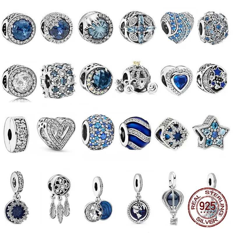 Plata brillante cielo océano azul zorro búho cuenta ajuste Pandora encantos plata 925 pulsera de cuentas para Diy