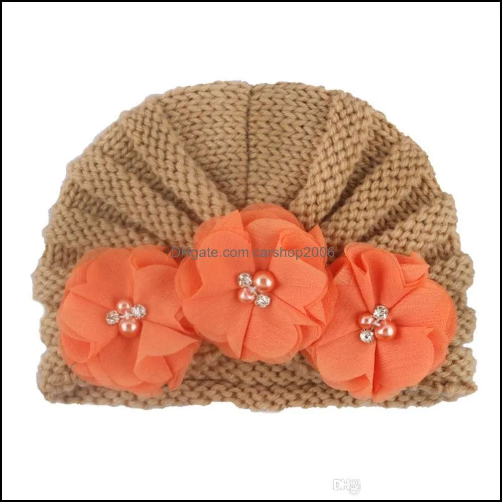 new autumn and winter children`s wool thick cap baby solid-color striped knitted hat 12 colors headwrap with triple flower