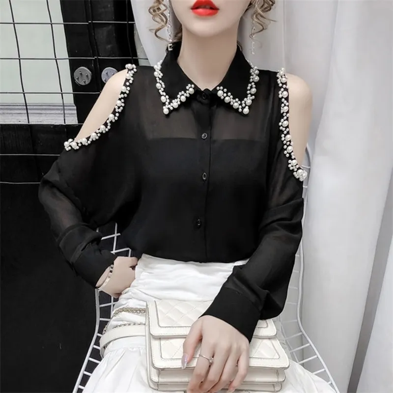 Vrouwen Spring Summer Style Chiffon Blouses Shirts Lady Casual Beading Off Shoulder Long Sleeve Chiffon Blusas Tops DF3806 210401