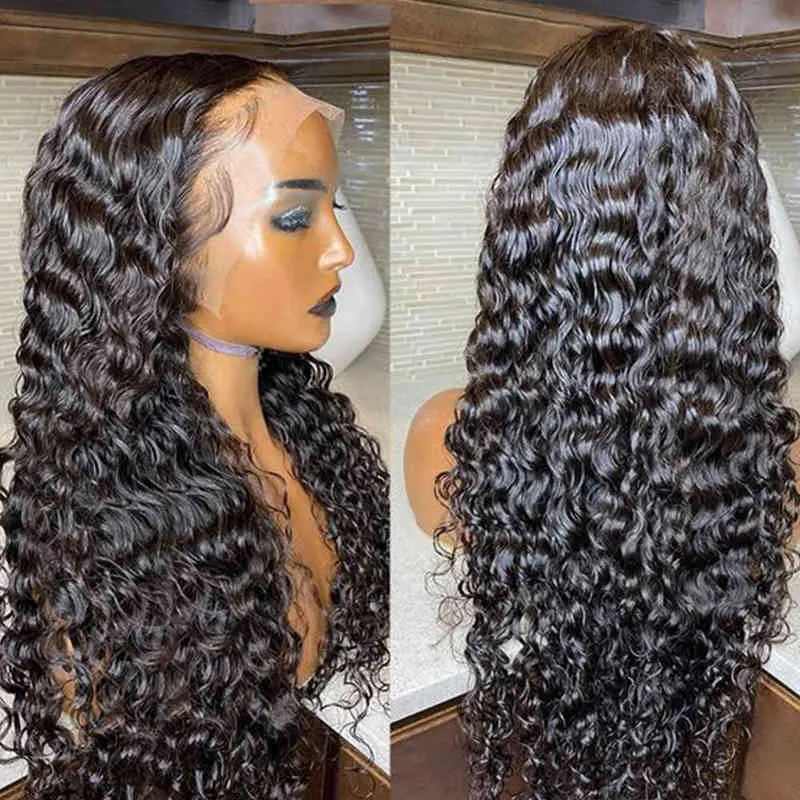 gluelless Lace Front Human Hair Wigs 5x5閉鎖透明な正面濡れと波状の水波220608