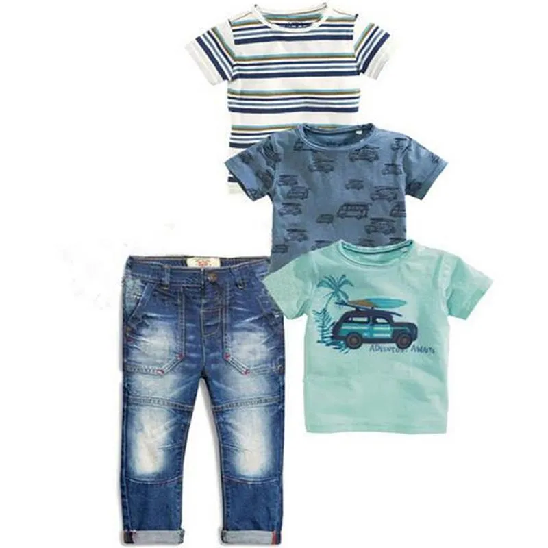 Clothing Sets Summer Children Baby Boys 4pcs Set Striped Suit T-shirts Blue T-shirt Car Denim JeansClothing