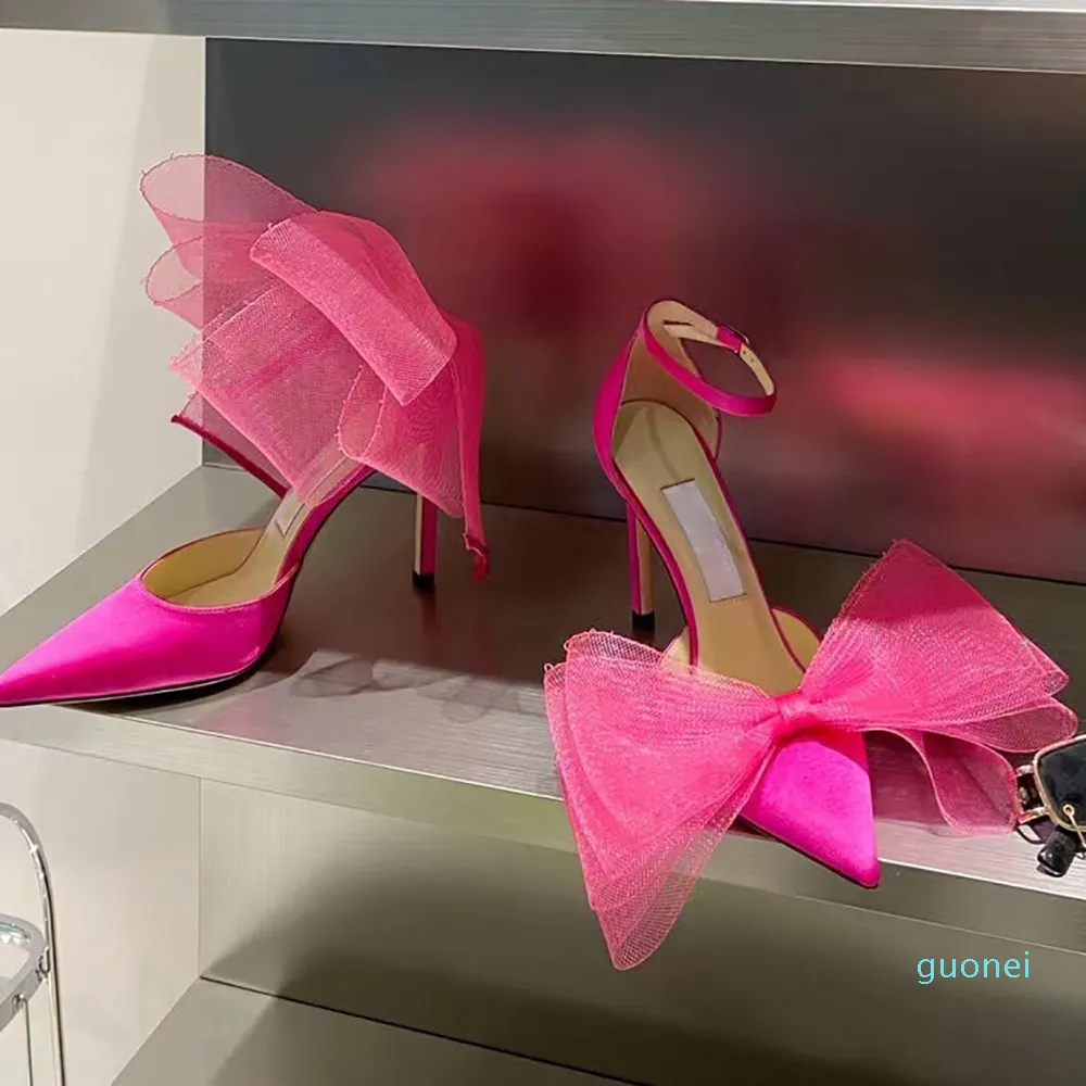 Luksusowe Designer Sandały Wysokoś Heeled Rose Różowy Wampir Heel Cross Big Bow Fluorescencyjny Wampię Switch Pasek Pasek Bu 200 35-42 55625