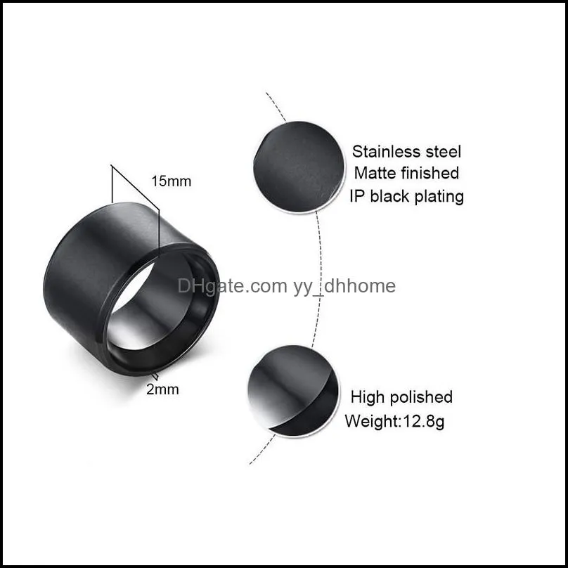 New Fashion 15mm Men Band Black Stainless Steel Wide Bulky Ring for Man