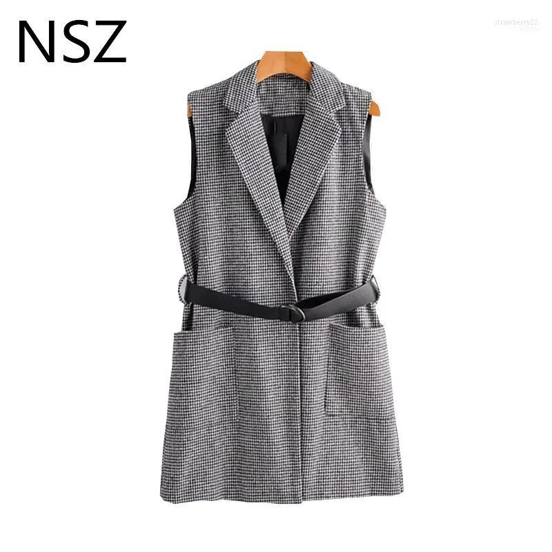 Women Houndstooth Vest Long Sleeveless Tweed Coat With Belt Plaid Classic Checked Woolen Waistcoats Fall Winter 20221 Stra22