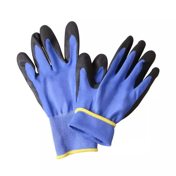 Hand Gloves 13G Blue Polyester Black PU Safety Work Gloves Garden Glove OEM