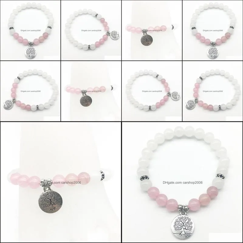 SN1307 Fashion Women`s Bracelet White Jade Beads Bracelet Rose Quartz with Tree of Life Charm Jewelry Best Gift for Her