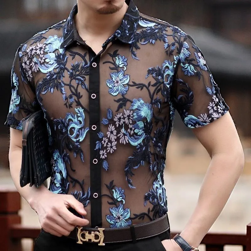 Chemises décontractées pour hommes broderie hommes Chemise transparente 2022 Sexy dentelle pour Homme voir à travers maille Club fête bal Chemise Homme 3xlMen's