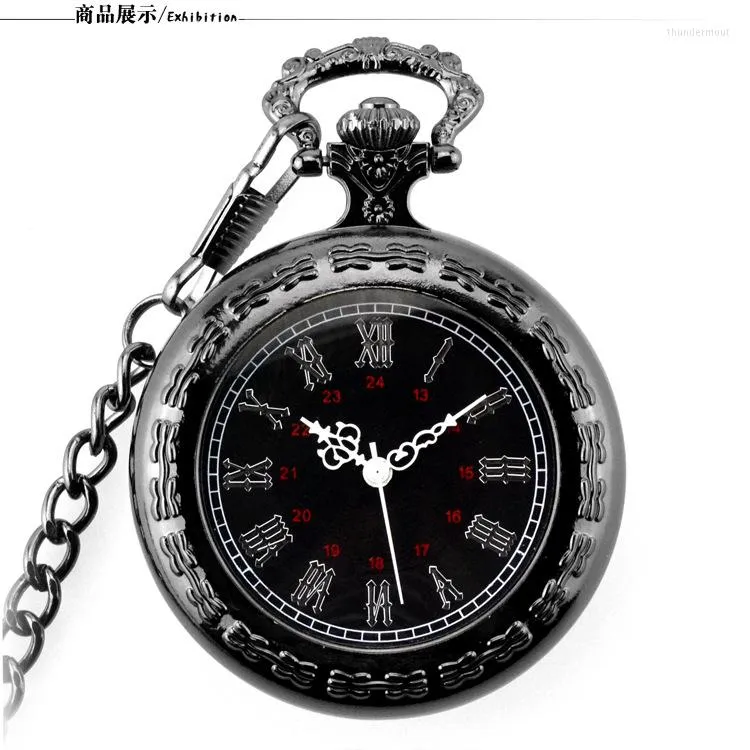 Montres de poche Vintage Noir Unisexe Mode Chiffre Romain Quartz Steampunk Montre Homme Femmes Collier Pendentif Avec Chaîne Cadeaux