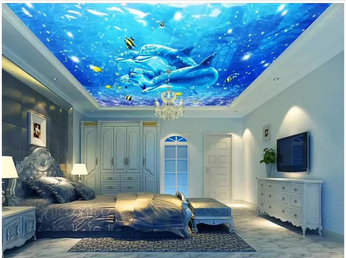 Anpassad 3D Silk Photo Mural Wallpaper Vacker Ocean World Dolphin Zenith Tak Sky Blommor Väggmålning för vardagsrum sovrum inomhusdekor