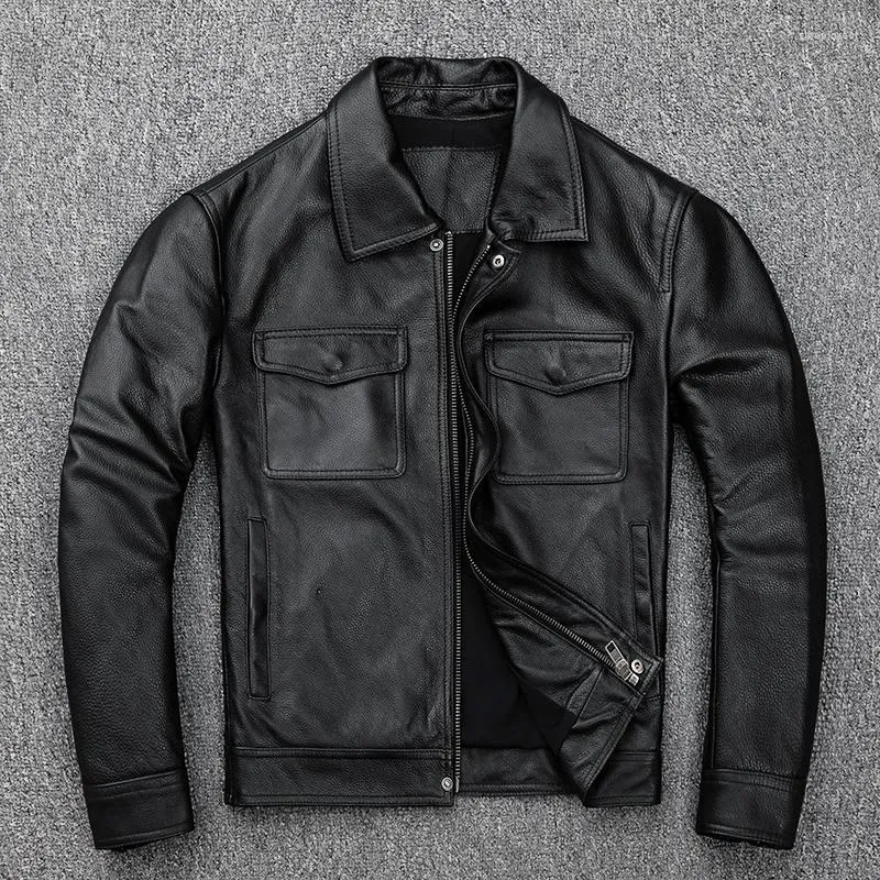 Мужская кожаная искусственная досуга Amekaji Head Layer Layer Cowhide Motorcycle Jacke