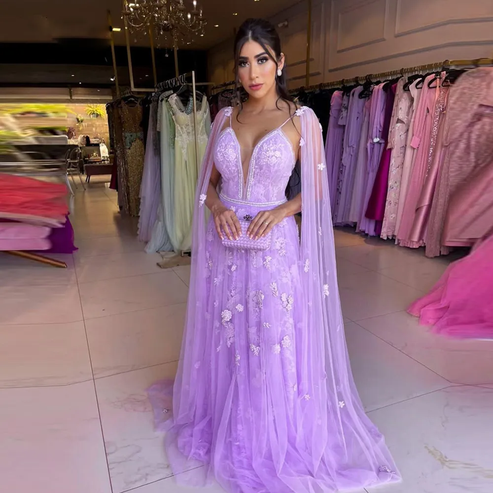Purple Prom Dresses Cape Sleeve Spaghetti Strap Boho Evening Party Gown Tiere Tulle kjol med blommor Womens Robe de Soirees 2022 326 326