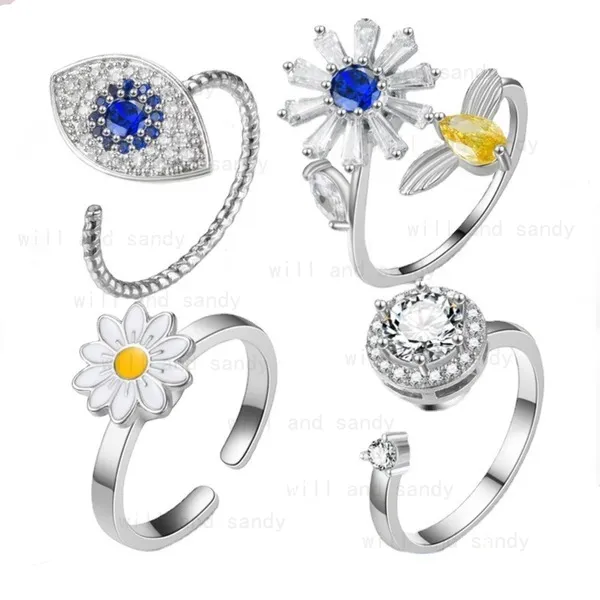 Open Adjustable Rotatable Rings Diamond Sunflower Eye Decompression Women's Micro-inlay Zircon Flower Ring band fine fashion jewelry gift