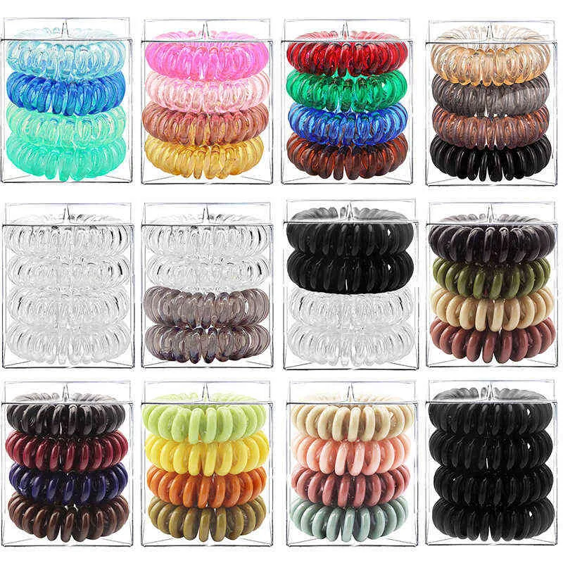 4 pc's/doos Telefoon Draad Elastische haarbanden voor vrouwen Girls Transparante spiraalvormige rubberen bands Scrunchies Hair Ties Gum Accessoires AA220323