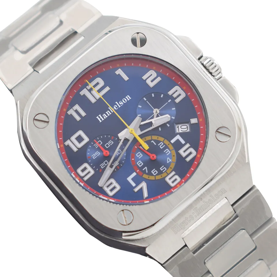 Herenhorloges Blauwe wijzerplaat sportracestijl Japan VK Quartz uurwerk Multifunctionele chronograaf Metalen band 45 mm Polshorloges Hanbelson
