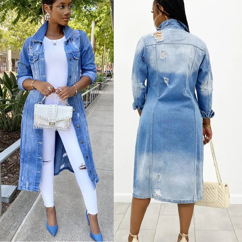 C1034 Autumn Kpop Hiphop Women Sexig rippade denimjackor Vintage Casual Long Jean Jacket Winter Female Long Sleeve Coat Streetwear Plus Size