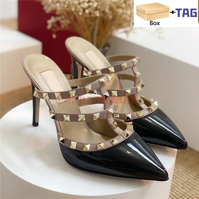 With box women dress shoes Calfskin patent leather studs heeled pumps 65MM 95MM high heels luxury wedding sandal blue white black rose cannelle fashion party slipper