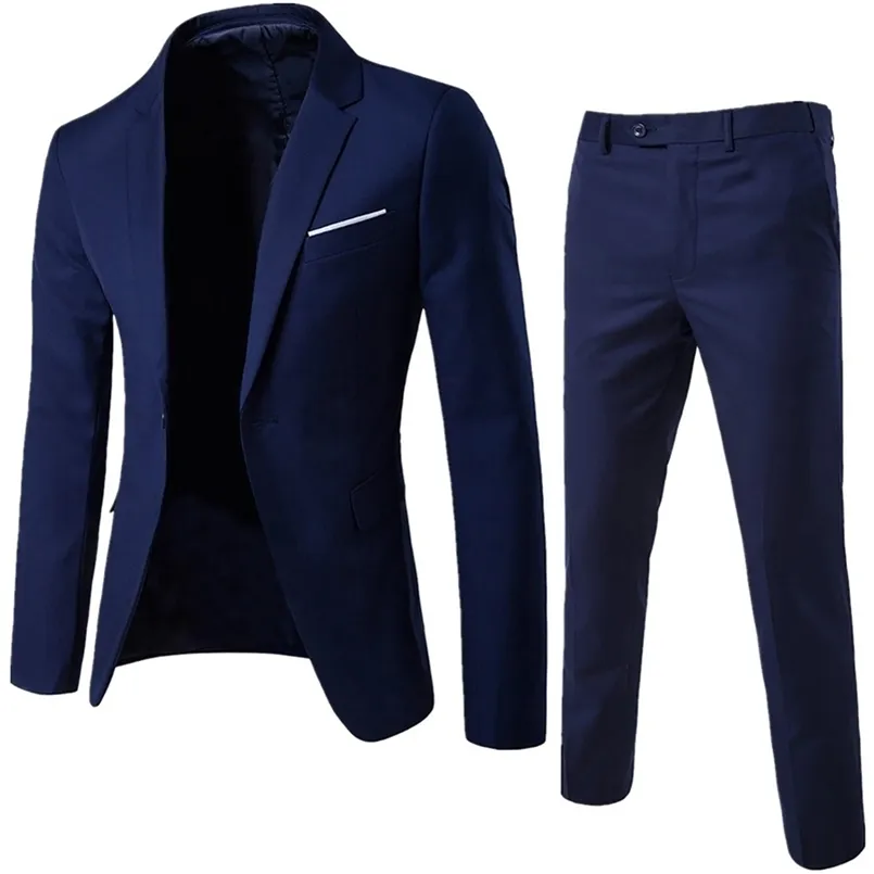 Terno masculino masculino 2 pçs/set plus size roupas masculino blazers conjuntos de terno cor sólida manga longa lapela botão fino negócios blazer terno 220527