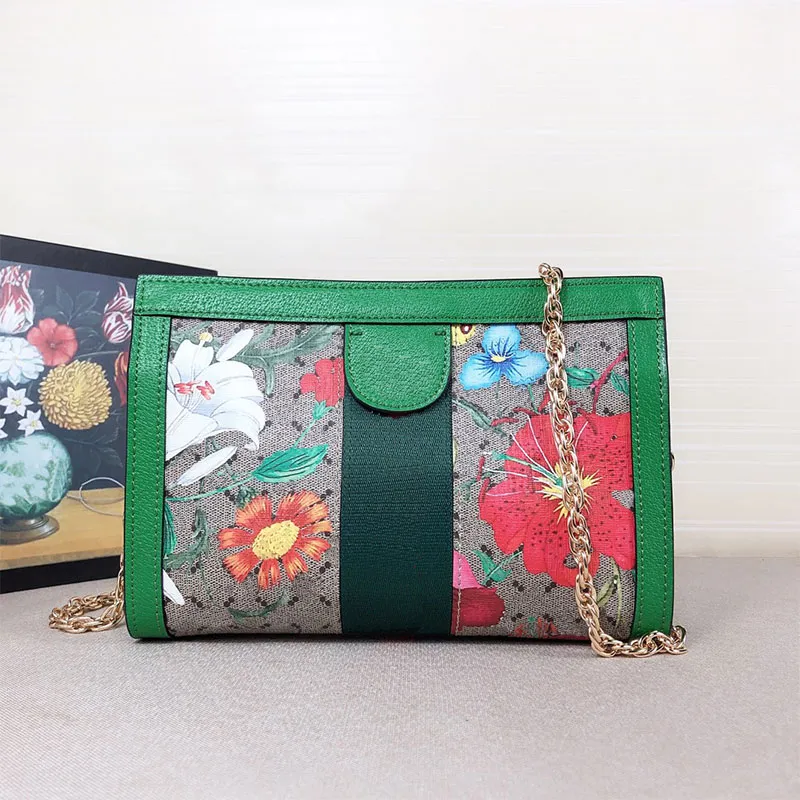 Bolsa feminina com clipe de 5 flores, corrente, bolsas crossbody, bolsa de lona, couro genuíno, ferragens douradas, bolsa de ombro, carteiras de alta qualidade, bolsa de fita vermelha verde