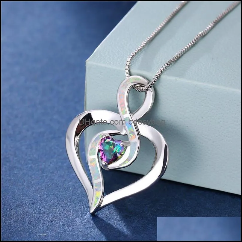 pendant necklaces cute female white opal pendants charm silver color wedding for women vintage crystal heart chain necklace