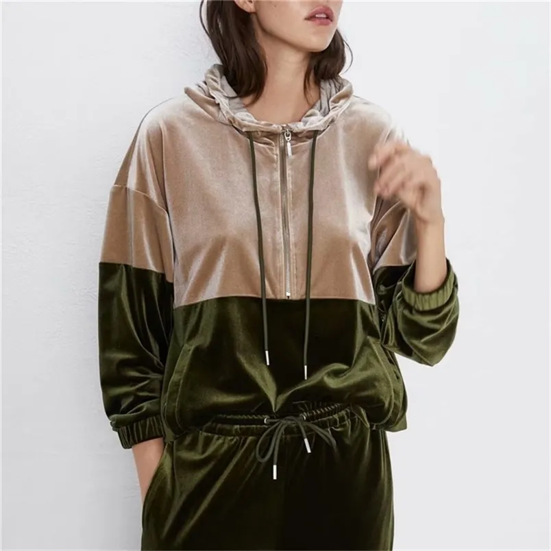 Women S Velvet Tracksuit Two -Piece Set Patchwork Hoodies Long Sleeve Pockets Long broek Sets Winterkostuum LJ201117