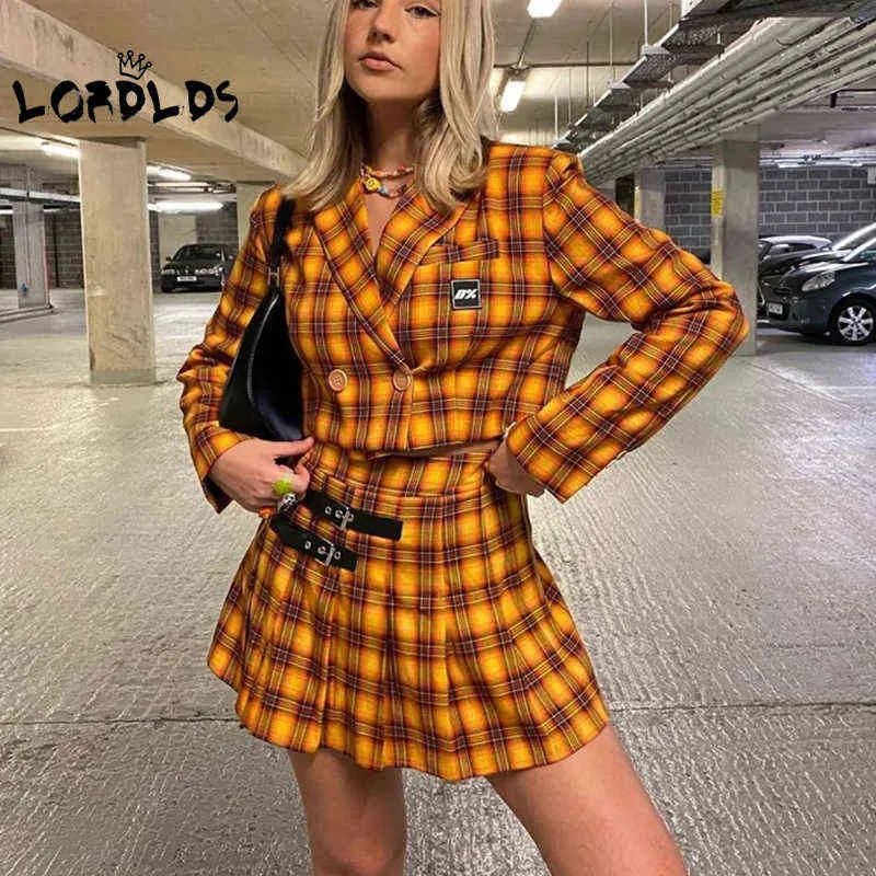 LORDLDS Women Yellow Plaid Two Piece Set Casual Long Sleeve Suits and High waist Pleated Skirts Matching Sets Tracksuits T220729