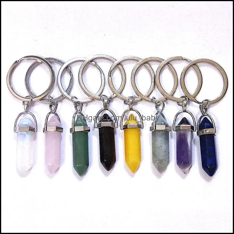 natural stone hexagonal prism key rings silver color healing pink crystal car decor keyholder keychains for women me lulubaby