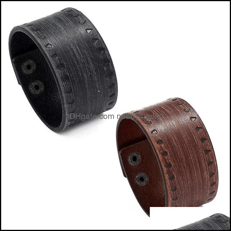 Tennis Bracelets Jewelry Simple Embossed Triangle Pattern Men Cuff Retro Genuine Leather Wide Male Bangles Motorcycle Wristbands Decorations