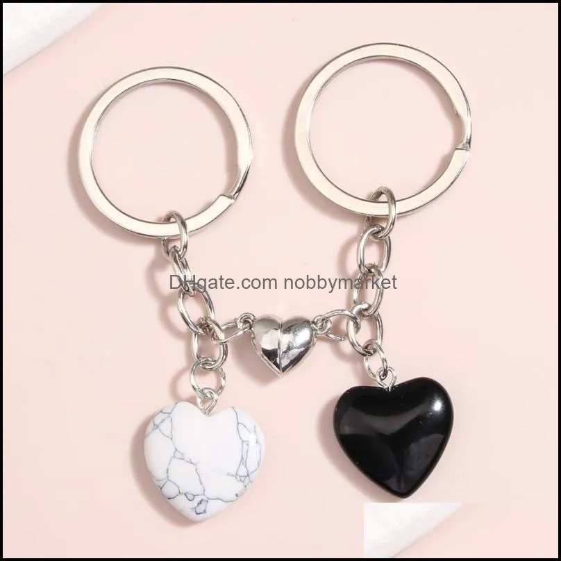 Design Keychain Natural Crystal Quartz Stone Love Heart Magnetic Button Keyring Key Chains For Couple Friend Gifts DIY Jewelry