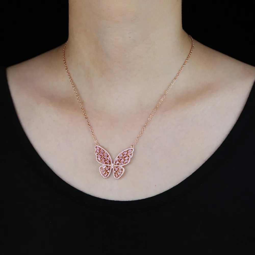 Nuevo Baguette Cz Charmón de mariposa colgante collar de oro plateado plateado rosa chirrido bling cúbico circonía joyas para mujeres