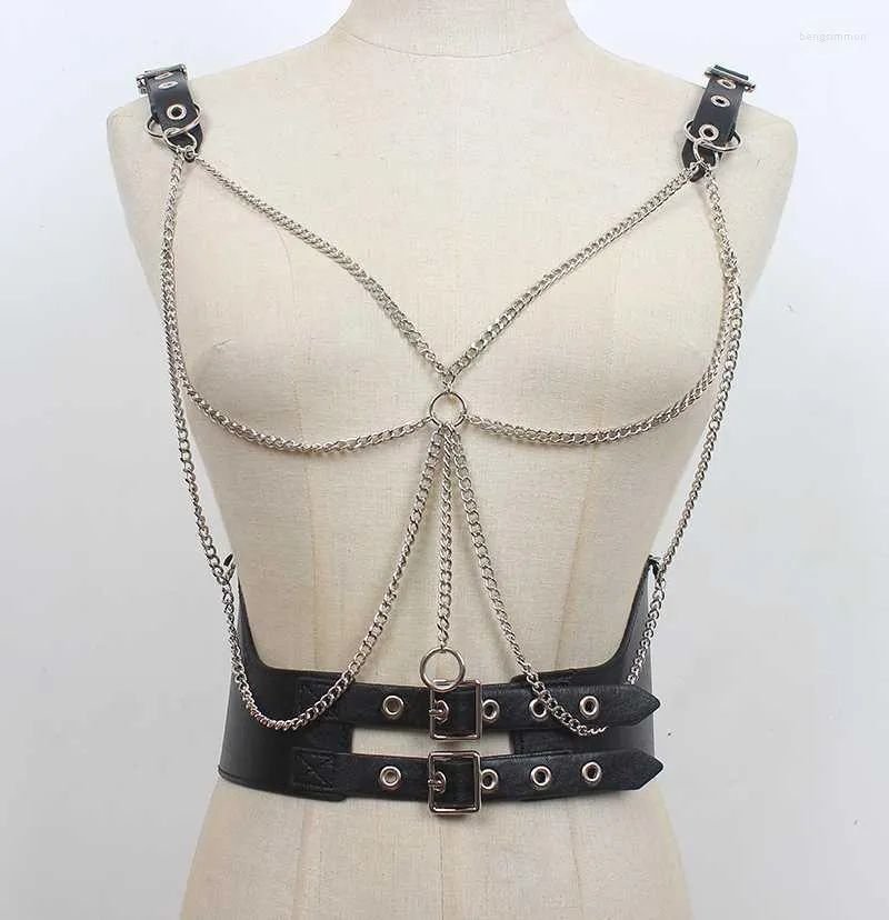 Bältesdesigner bred pu punk sele rem kvinnor läder midja kropp kedja bälte bondage bur bröstsuspender strumpor bältebälten