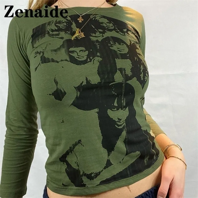 Zenaide verde gótico manga larga Crop Top Y2K mujeres primavera Harajuku Sexy estampado Grunge moda estética Vintage camiseta 220407