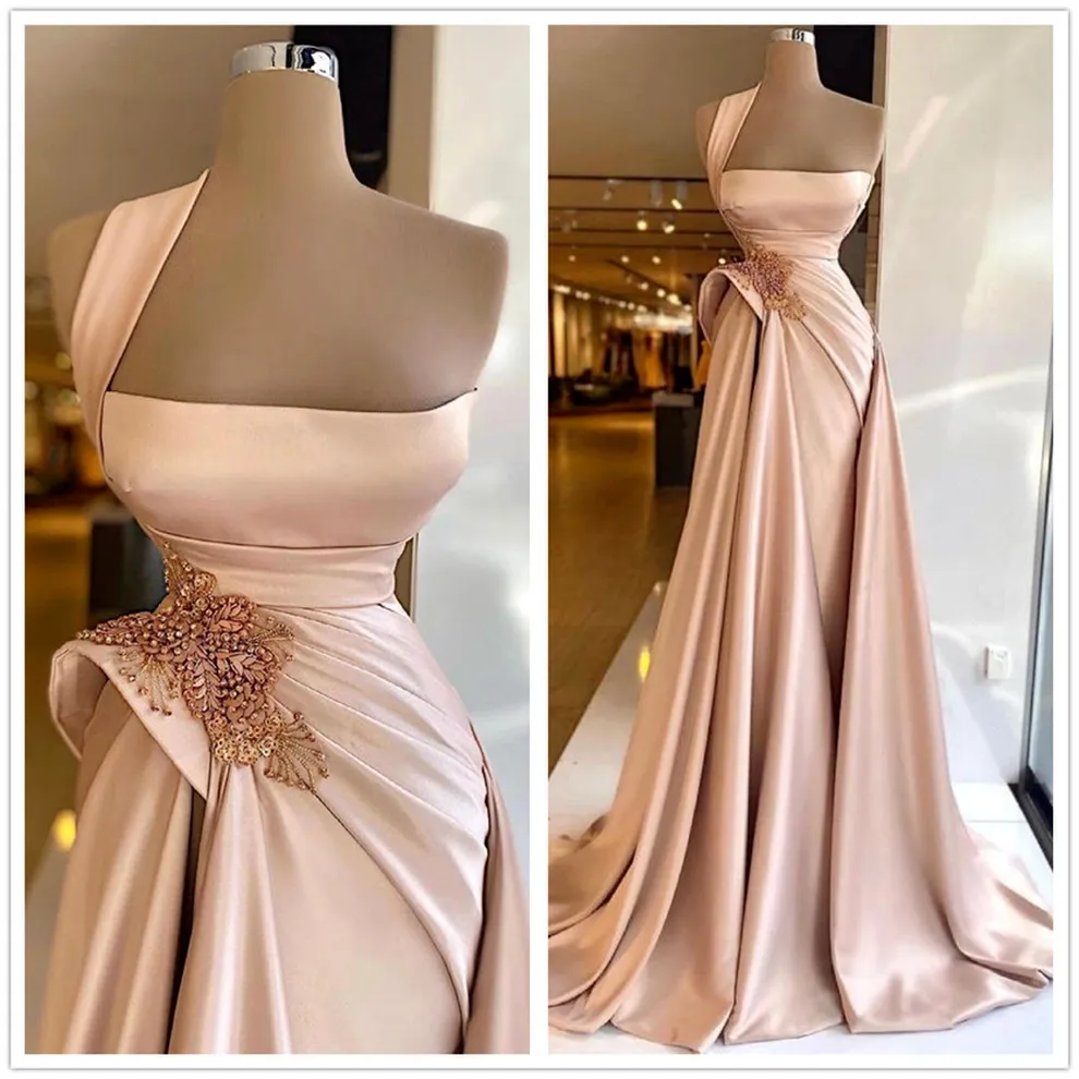 Elegant One Shoulder Satin A Line Prom Dresses 2022 Beaded Ruched High Split Sweep Train Formal Party Evening Gowns BC10965