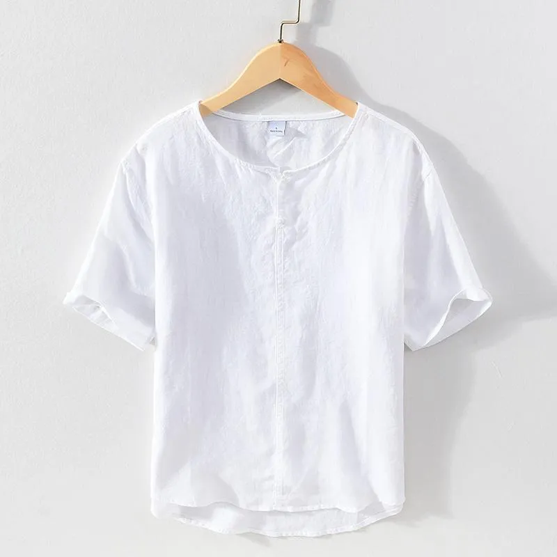 قمصان رجالية عادية قميص كنزة صوفية من الكتان للرجال ملابس صيفية بأكمام قصيرة ملابس رجالية بياقة ماندرين بيضاء صلبة