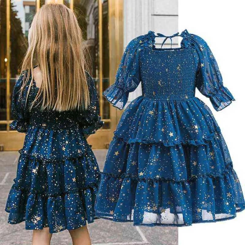 2022 Nieuwe vintage gesmokte jurk voor meisjes korte mouw chiffon zomerkleding voor 3-8 jaar verjaardag bruiloft kinderen prinses jurken g220428